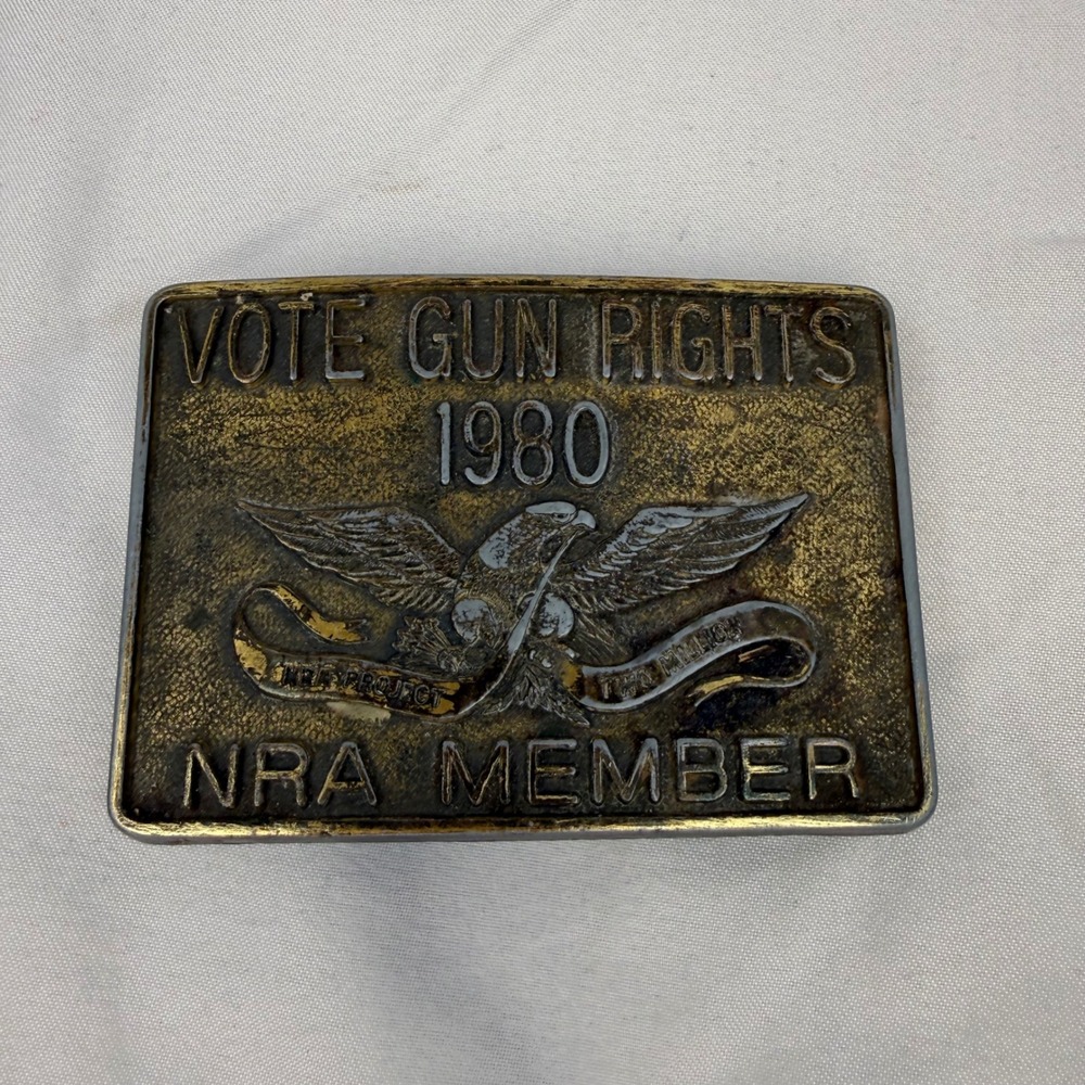Vintage 1980 Western Cowboy NRA Member Belt Buckle Vote Gun Rights